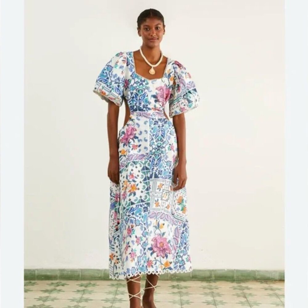 Farm Rio Romantic Bandanas Puffy Sleeves Midi Dress